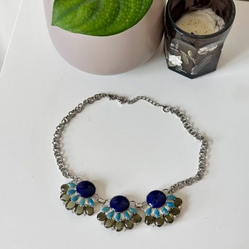 Vintage-Inspired Statement Bib Necklace Navy Blue Smoky Grey Floral Fan Collar